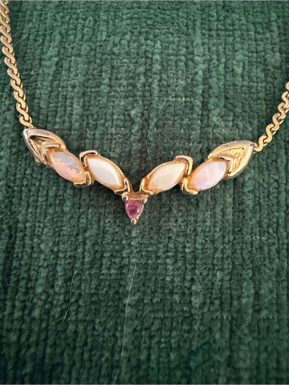 Gold-Tone Necklace with Pink Opal and White Marquise Stones